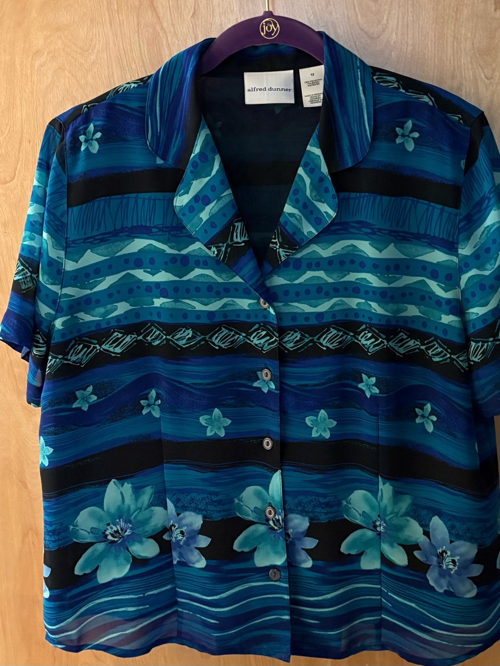 VTG Alfred Dunner Teal & Navy Abstract Ocean Floral Button-Front Shirt Shoulder